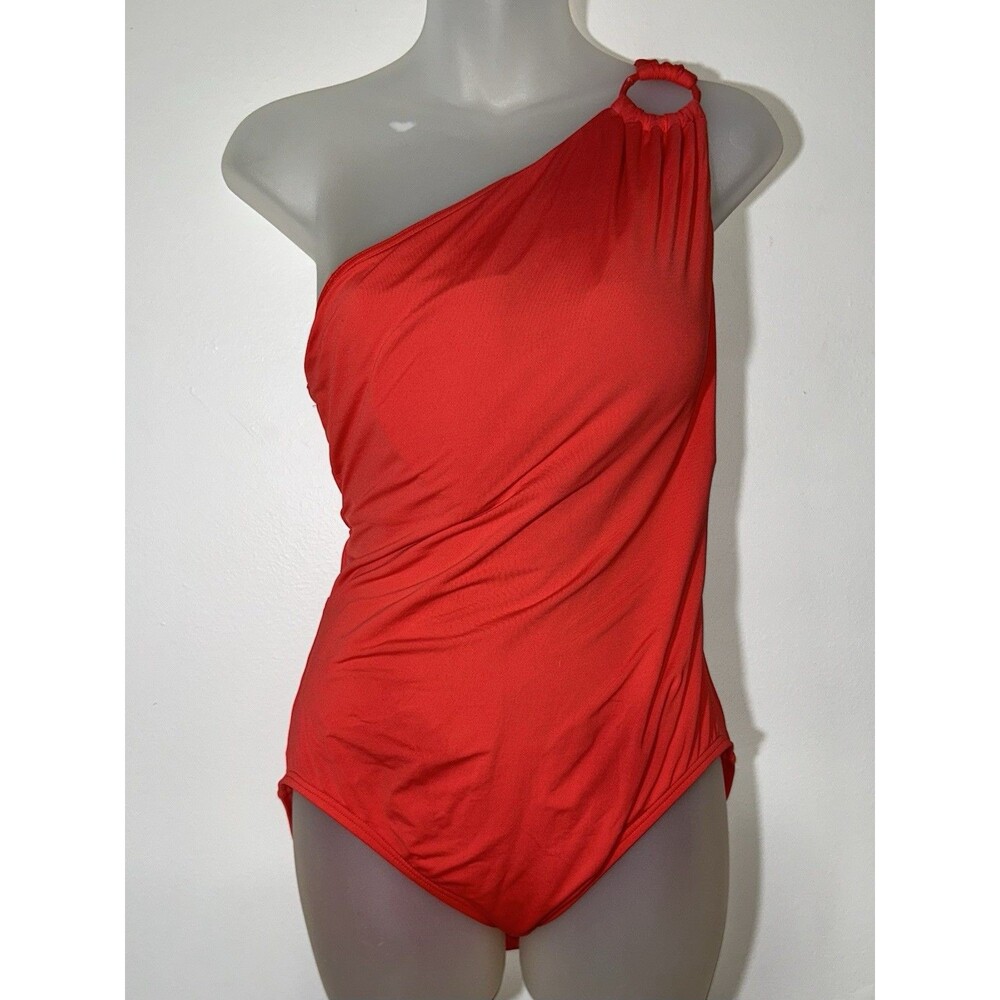 Carmen Marc Valvo Red One Shoulder Swimsuit One Piece Ruched Tummy Control Sz 14